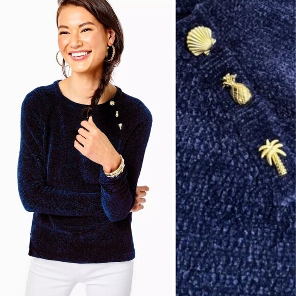 Lilly Pulitzer Pippin Sweater Low Tide Navy Blue Soft Chenille Preppy Beach - Picture 1 of 8